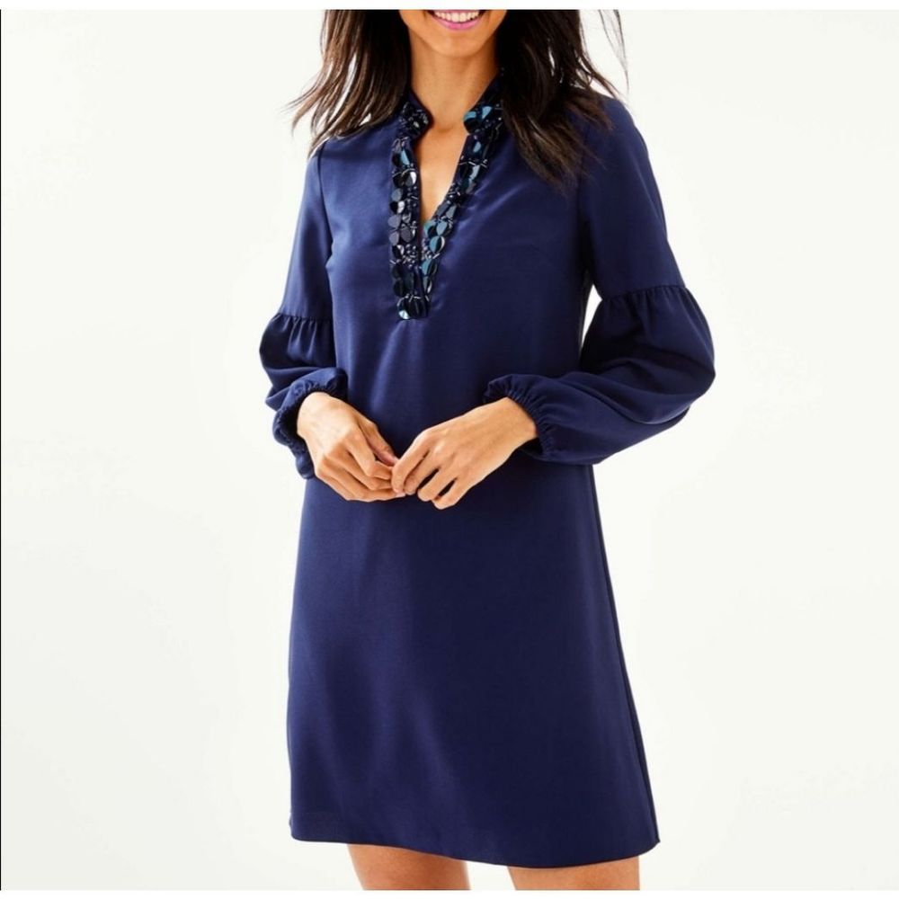 Lilly Pulitzer Navy Long Sleeve Embellished V-Neck Dress